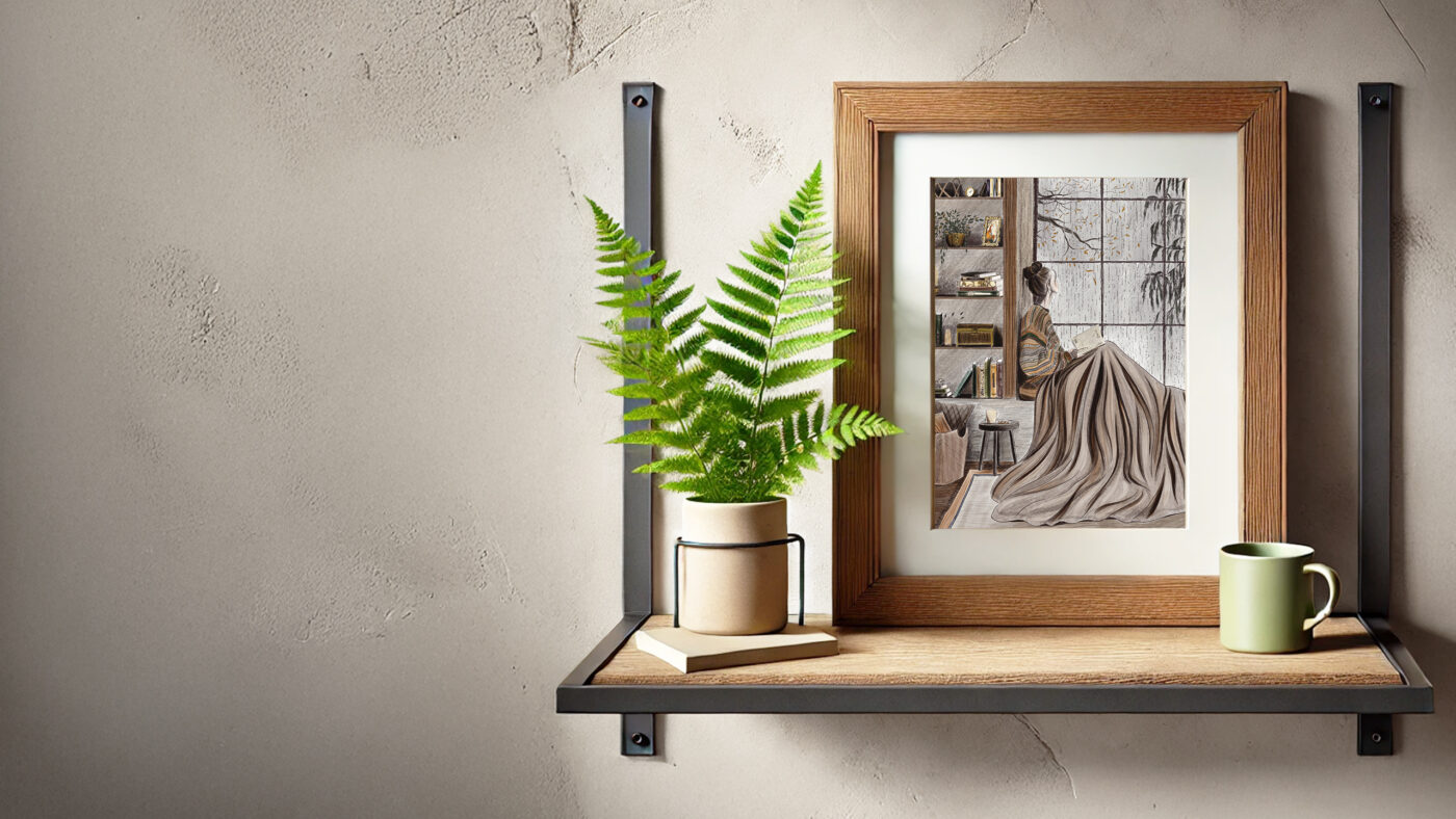 Framed cozy art print featuring a woman reading by the window, displayed on a rustic wooden shelf with a fern plant and a green mug.