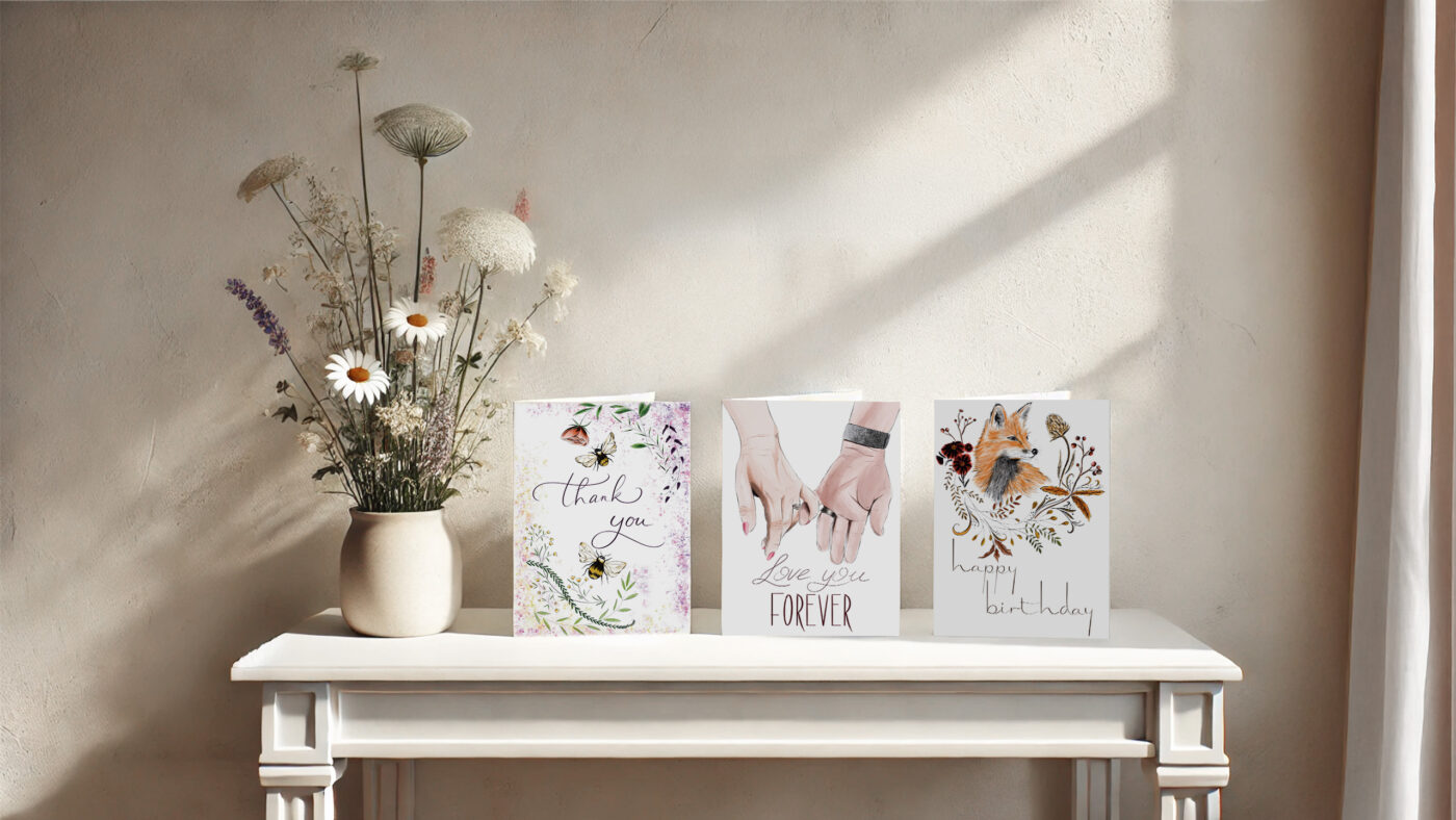 A collection of hand-designed greeting cards displayed on a white table with a vase of flowers. Includes a thank you card, a love-themed card, and a birthday card with artistic illustrations.